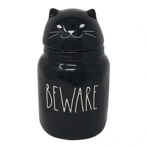 Rae Dunn7in Beware Cat Canister With Lid Black NWT